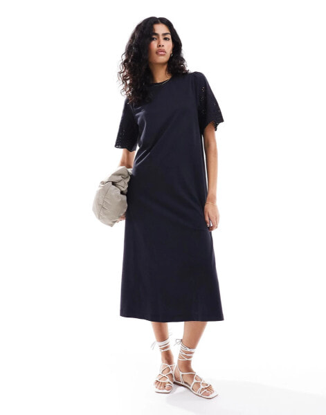 YAS jersey maxi t-shirt dress with broderie sleeves in black - BLACK