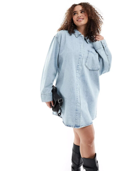 ASOS DESIGN Curve denim mini shirt dress with front pockets in bleach wash