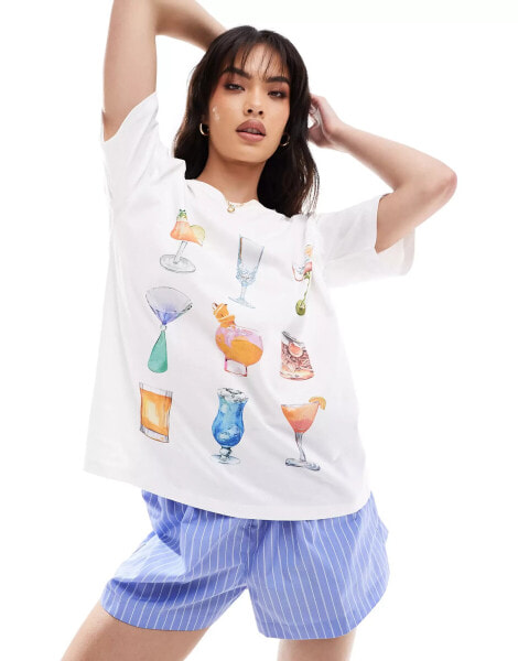 ASOS DESIGN oversized t-shirt with drinks graphic in ivory