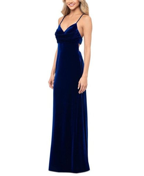 Juniors' Velvet Draped-Bodice Open-Back Gown