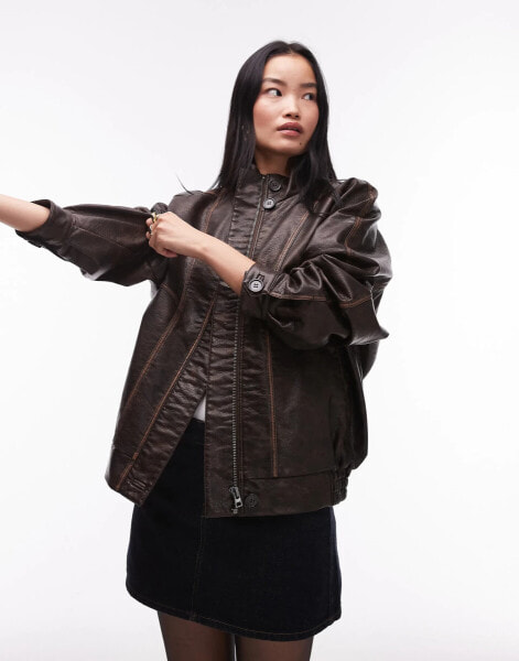 Topshop faux leather oversized bomber jacket in dark brown