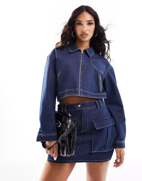 Missyempire cropped zip through denim jacket co-ord in indigo