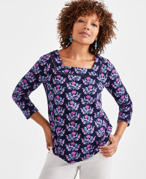 Petite Mirrored Bouquet Square-Neck Cotton Top, Created for Macy's