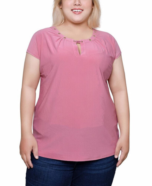 Plus Size Short Extended-Sleeve Grommet Neck Knit Top