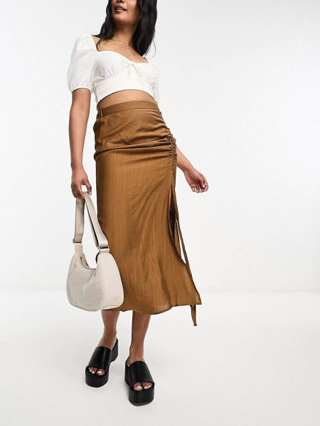 Urban Revivo gathered side crinkle midi skirt in brown