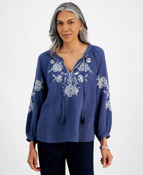 Petite Nala Embroidered Popover Peasant Blouse, Created for Macy's