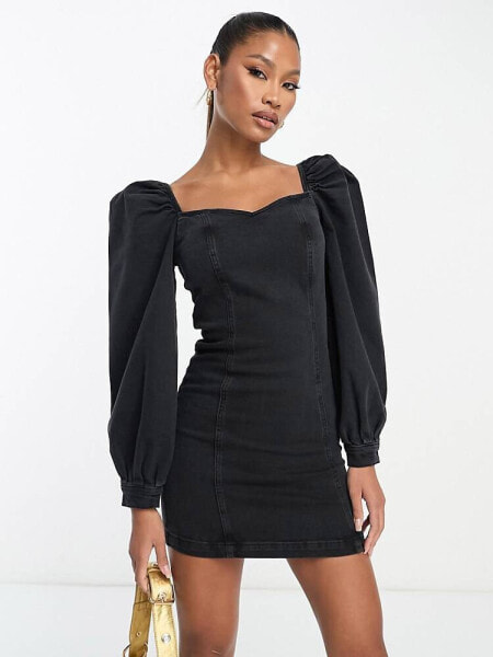 ASOS DESIGN denim mini dress with puff sleeve in washed black