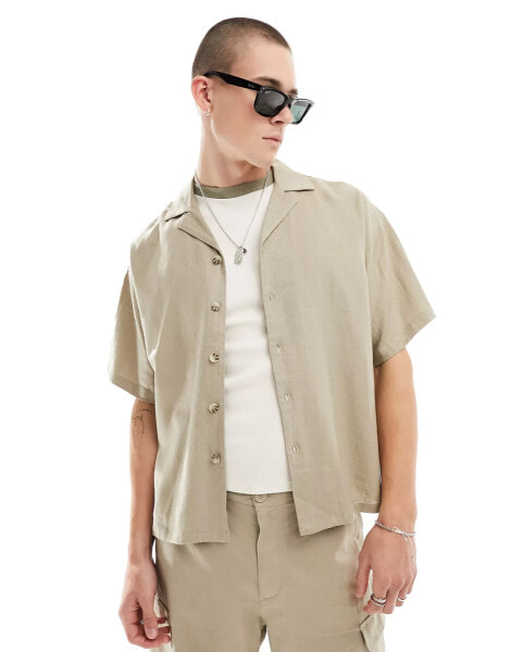 ADPT oversized linen mix revere collar shirt in beige