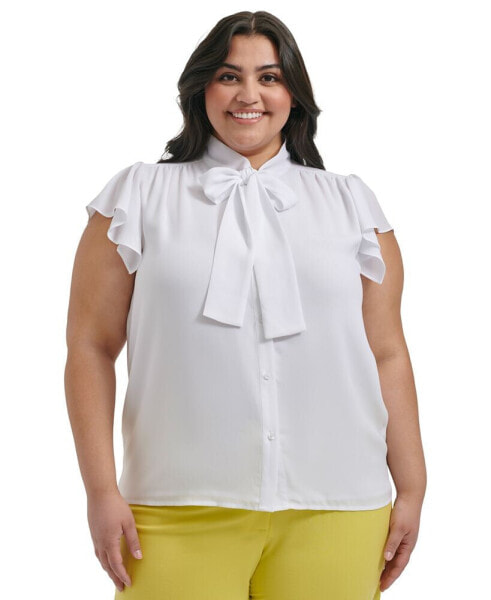 Plus Size Solid-Color Tie Cap-Sleeve Blouse