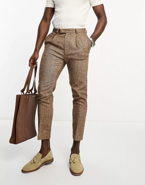 ASOS DESIGN wedding tapered wool mix smart trousers in tweed brown