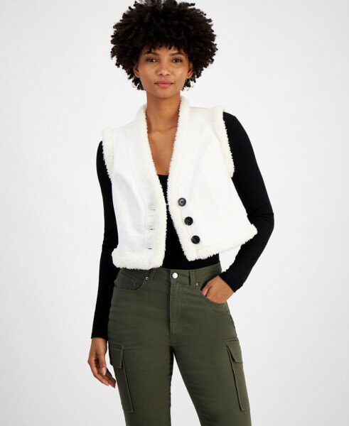 Juniors' Denim Sherpa Lined Vest