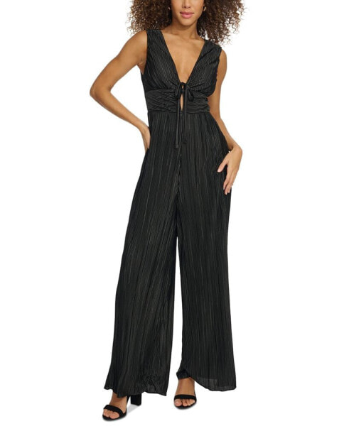 Women's Plunging-Neck Pleated Tie-Front Jumpsuit