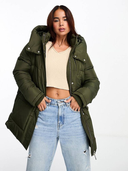 New Look mid length utility puffer coat in khaki