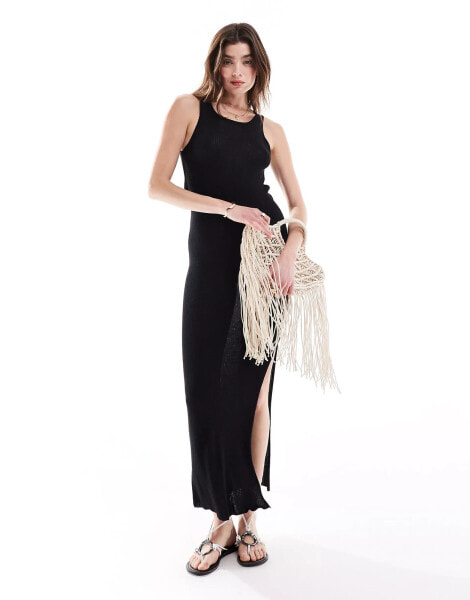 ASOS DESIGN knitted sheer sleeveless midaxi dress with cut out and hardware detail in black