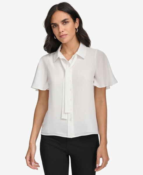 Petite Tie-Neck Flutter-Sleeve Button-Down Blouse