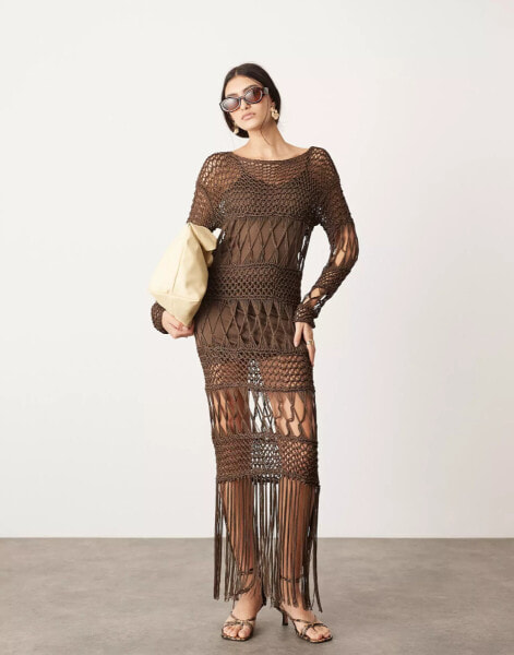 ASOS EDITION long sleeve macrame knit maxi dress in brown