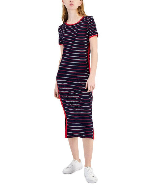 Women's Striped Ribbed Midi Dress