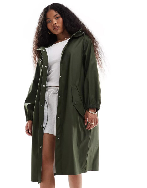 ASOS DESIGN Petite rubberised rain parka coat in khaki