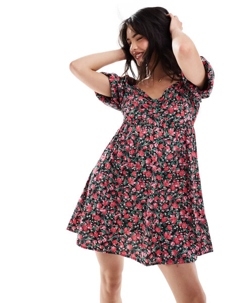 Wednesday's Girl puff sleeve chintzy floral smock mini dress in multi