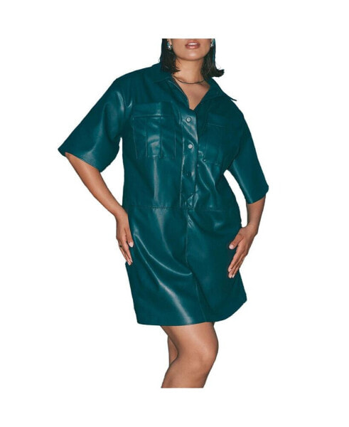 Plus Size Boxy Faux Leather Shirt Dress