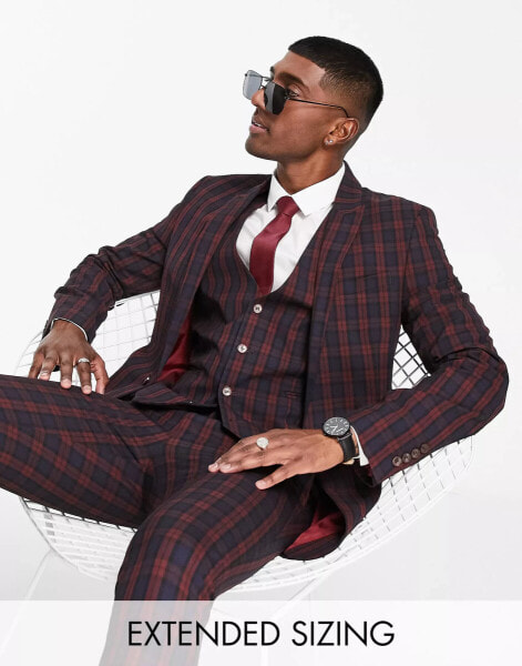 ASOS DESIGN wedding super skinny suit jacket in burgundy tartan