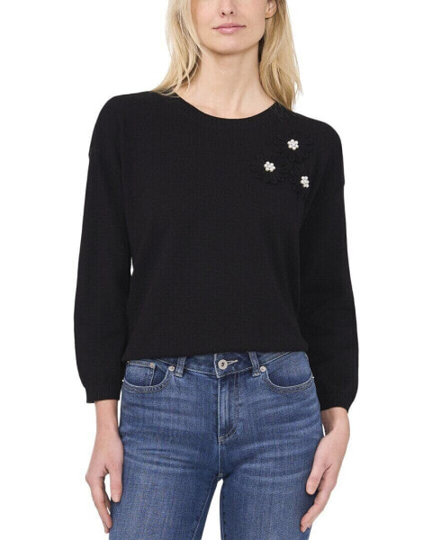 Cece Flower Embroidery With Pearls Sweater Women's