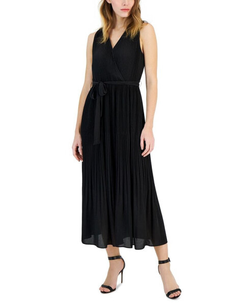 Women's Faux-Wrap Sleeveless Pleated Fit & Flare Maxi Dress