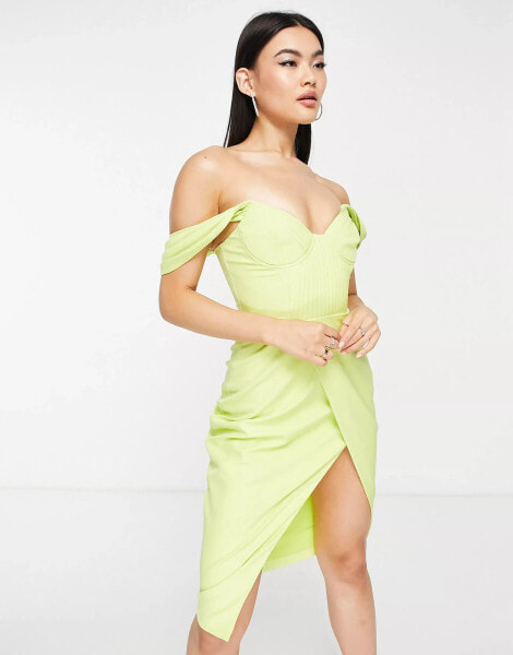 Lavish Alice pleat detail bardot midi dress lime green