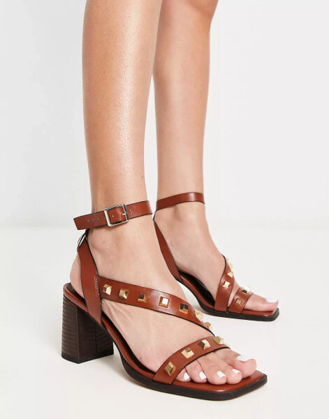 ASOS DESIGN Halter studded mid heeled sandals in tan