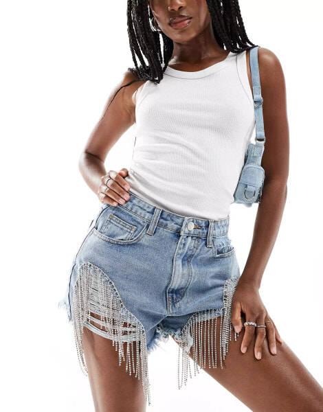 Kyo The Brand embellished distressed denim shorts in blue wash