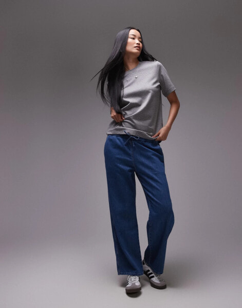 ARKET denim jersey wide leg lounge trousers in mid washed blue