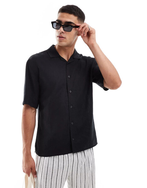 Threadbare linen mix revere collar shirt in black