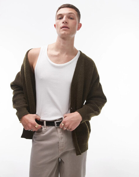 Topman relaxed fit brushed cardigan in khaki