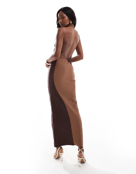 ASOS DESIGN slinky sleeveless half and half maxi dress in brown and cream