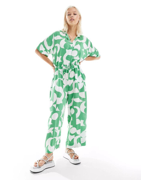 Monki jumpsuit in green graphic print