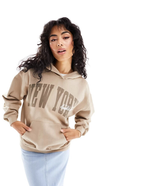 Pull&Bear New York graphic oversized hoodie in beige