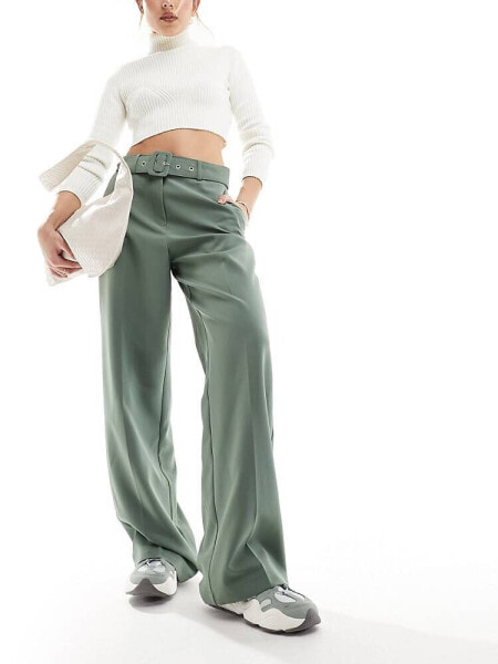 Vila belted high waist tailored trousers in green