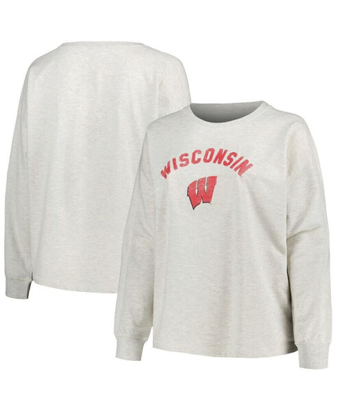 Women's Oatmeal Wisconsin Badgers Plus Size Distressed Arch Over Logo Neutral Boxy Pullover Sweatshirt