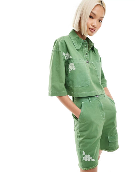 Native Youth cropped embroidered shirt co-ord in green