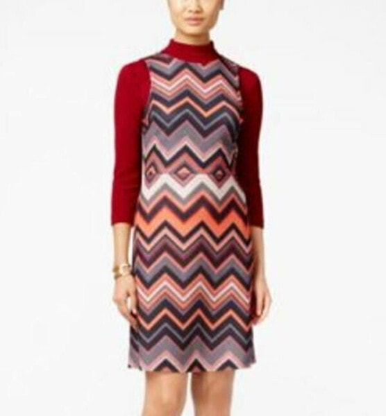 ECI Chevron Print Layered Look Shift Dress Chevron Burgundy S