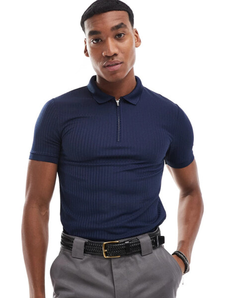 ASOS DESIGN muscle polo with zip in navy