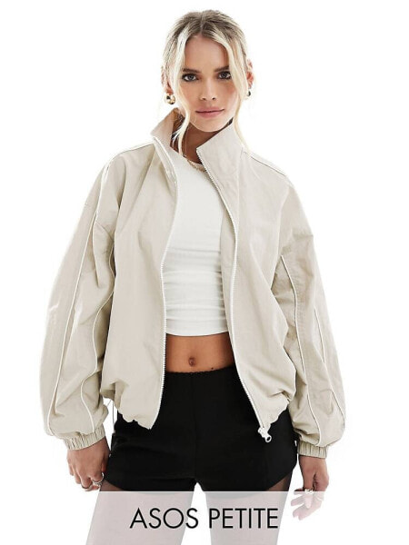 ASOS DESIGN Petite track jacket with piping detail in stone