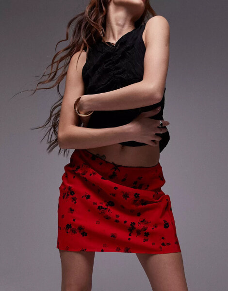 Topshop bias mini skirt in red & black floral