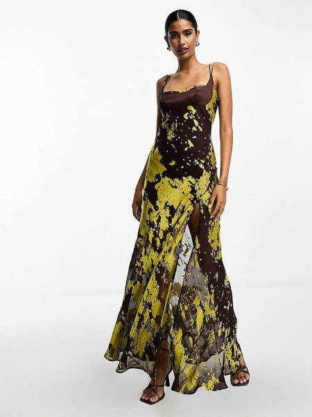 ASOS DESIGN satin mix double strap maxi dress in devore abstract print