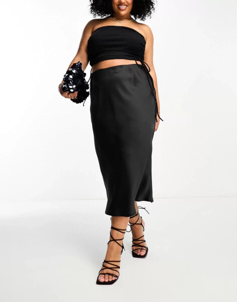 Simply Be Exclusive satin slip midi skirt in black