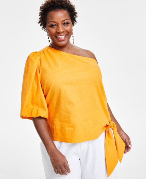 Plus Size Linen-Blend One-Shoulder Top, Created for Macy's