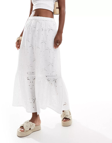 New Look broderie tiered midi skirt in white