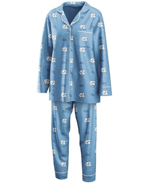 Женская пижама WEAR by Erin Andrews Womens Carolina Blue North Carolina Tar Heels Long Sleeve Button-Up Shirt and Pants Sleep Set