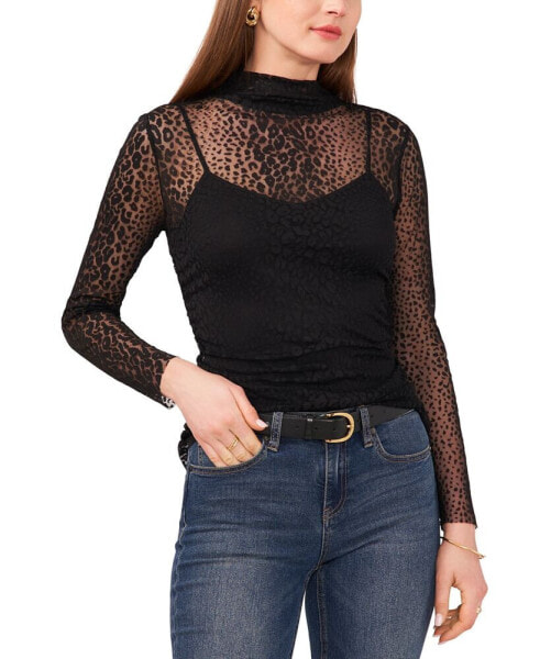 Women's Mesh Mock Neck Long-Sleeve Top