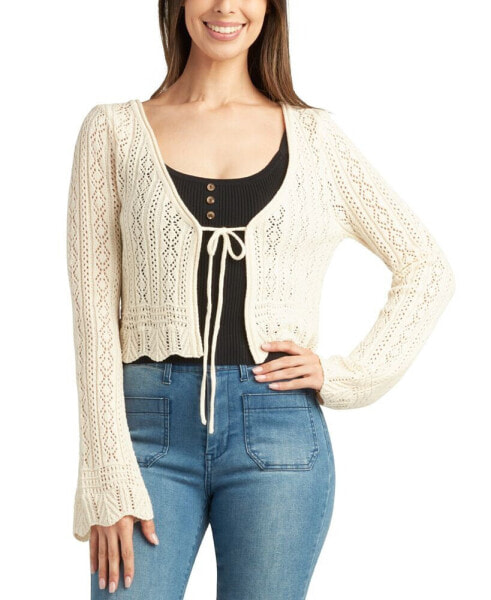 Juniors' Bell-Sleeve Crocheted Tie-Front Cardigan